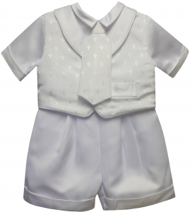 BOYS CHRISTENING SHORT PANTS SUIT W/ SMALL CROSSES ON VEST